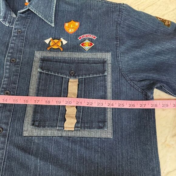 Raw Blue vintage denim short-sleeve button-up shirt with patches Y2K Size 2XL - Picture 6 of 10